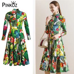 holiday tropical flower animal printed crystal buttons high waist green summer spring midi dresses for women vestidos za 210421