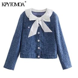 KPYTOMOA Women Fashion With Bow Tied Faux Pearl Buttons Jacket Coat Vintage Long Sleeve Female Outerwear Chic Tops 211014