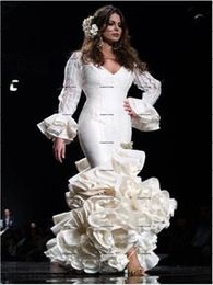 Vintage Slight Ruffles Mermaid Wedding Dresses 2022 Long Sleeve Full Lace Spanish Palace Vestidos Flamenca Bridal Dress wear