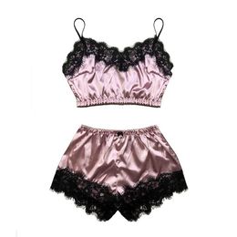 Women Pyjamas set Sexy Satin Pyjama Set Lace V-Neck Pyjamas Sleeveless Cute Cami Top and Shorts #3 Q0706