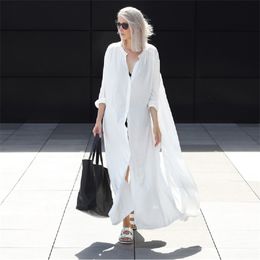 Oversize Women Summer Beachwear Long Kaftan Beach Dress White Tunic Bathing Suit Cover-ups Bikini Wrap Cover up # 210319