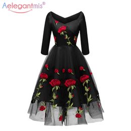 Aelegantmis Fashion Vintage Floral Embroidery Party Dress Women Sexy Elegant Swing Ladies Long Sleeve V-Neck Maxi 210607