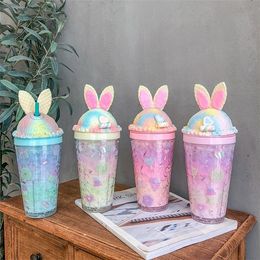 Drinkware Creative mugs ice cup girl heart rabbit straws cups lovely double-layer iced broken plastic water cup 496m