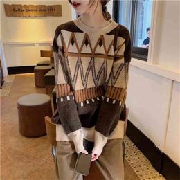Autumn And Winter Loose Lazy Rhombus Long-sleeved Sweater Women's Hedging Students Wild Women 210427