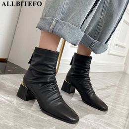 ALLBITEFO high quality genuine leather brand high heels party women boots thick heels ankle boots for women autumn women heels 210611