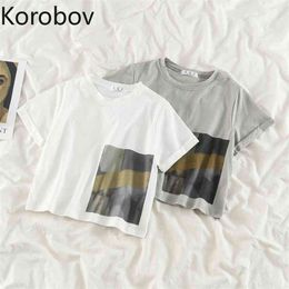 Korobov Cotton Tshirts Women O Neck Short Sleeve Printed T Shirt Female Casual Basic Crop Tops Summer New Korean Style Camisetas 210430