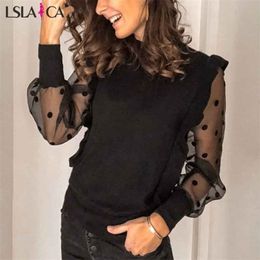 Casual Women Blouses Pullover Polka Dots Mesh Patchwork Long Sleeve O Neck Solid Colour Female Tops Autumn Fashion Office Lady 210515