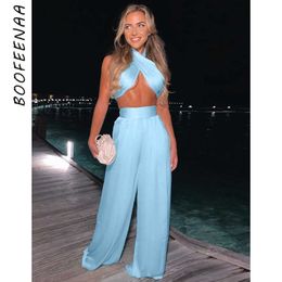 BOOFEENAA Sexy Two Piece Set Club Outfits for Women 2021 Party Clubwear Solid Satin Palazzo Pants Halter Crop Top C70-EE26 X0709