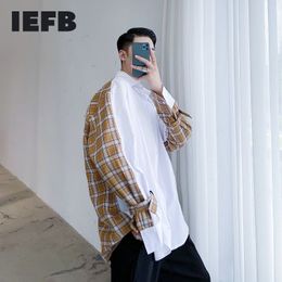 IEFB /men's wear Early Spring Plaid print Colour block patchwork Spring shirts for male design loose long-sleeved tops 9Y3895 210524