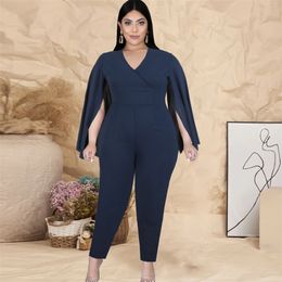 V Neck Bodysuit Plus Size 5XL Rompers Women Jumpsuit High Waist Cloak Sleeve Overalls with Pocket Evening Occasion Event Summer 210527