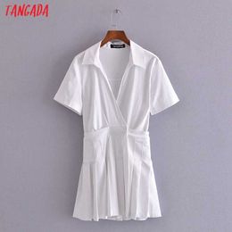 Tangada Summer Women French Style White Pleated Shirt Dress Short Sleeve Ladies Mini Dress Vestidos 3H245 210609