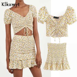 Klkxmyt indie folk vintage floral cascading sexy short blouse women blusas ruffles mini skirt faldas two pieces sets 210527