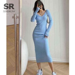 SINGREINY Women Autumn Knitted Dress V Neck Sexy Slim Elastic Oversized Basic Bodycon Sweater Dress Winter knit Warm Long Dress Y220214