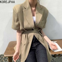 Korejpaa Women Jackets Summer Korean Chic Ladies Minimalist Temperament Lapel Two-Button Lace-Up Waist Short-Sleeved Blazer 210526