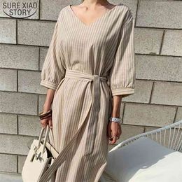 Sommer Gestreiftes Baumwolle Leinen Langes Kleid Frauen Mode Plus Größe Vestidos Vintage V-ausschnitt Halbe Hülse Lose für 210510