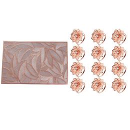 Napkin Rings 12 Pcs Alloy With Hollow Out Flower Holder & 4Pcs Square PVC Placemats Kitchen Heat Insulation Pad