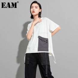 [EAM] Women Black Big Size Plaid Pocket Button Ribbon T-shirt Round Neck Short Sleeve Fashion Spring Summer 1DD8089 210512