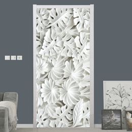 Self-Adhesive Door Sticker 3D Stereo White Leaf Gypsum Pattern Wallpapers Living Room Bedroom Home Decor PVC Waterproof Stickers 210317