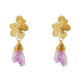 Flower Natural Stone Dnagle Earrings with High Grade Purple Quartz Filigree Goldtone Plating Chandelier Earring