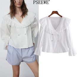 Spring Embroidered White Shirt Woman Long Sleeve Double Breasted Crop Top Women Fashion V Neck Cute Shirts 210519