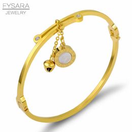 Fysara Rock Roman White Shell Round Tag Bell Bangles Women Charm Bracelet Luxury Lover Thin Bracelet for Women Fashion Jewelry Q0717