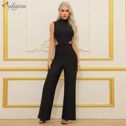 Summer Ladies Black Tight O-neck Sleeveless Hollow Pants Casual Office Straight Leg Sexy Party Jumpsuit 210525