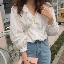 Casual Loose Cardigan Women Blouse Autumn Cotton Puff Sleeve Plus Size Shirts Long V Neck White Tops 8561 210508