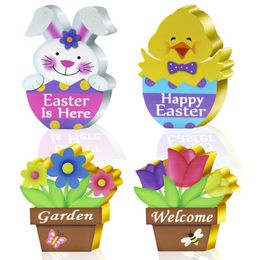 Easter Wooden Tabletop Sign Happy Easter Party Chicken Bunny Flower Shaped Table Top Decoration