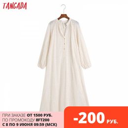 Tangada Women Romantic Embroidery Dress Loose Long Sleeve Buttons Females Beige Midi Dresses Vestidos 6Z125 210609