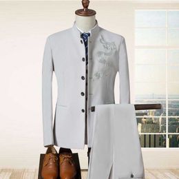 Three-Piece Chinese Style Men Wedding Suit Vest Fashion Design Embroidered Male Costume Slim Fit Dragon Pattern Mao Zedong Dress X0909