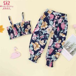 Summer Children Sets Fashion Girls Strap Tops Long Pants Print Floral Clothes 1-5T 210629