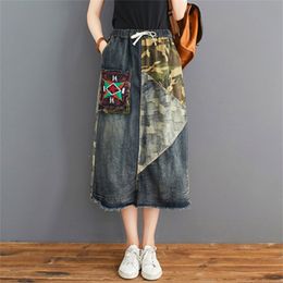 Spring Autumn Arts Style Women High Waist Loose Denim Skirt Patchwork Embroidery Vintage A-line Long S20 210512
