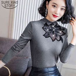 Spring Winter Clothes Women Fashion Long Sleeve Warm Solid Hollow Sexy Mesh Blouses Lace Turtleneck Ladies Tops 7822 210510