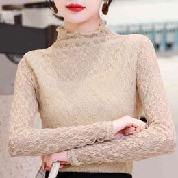 Fashion Woman Blouses Spring Long Sleeve Apricot Lace Blouse Women Shirts Turtleneck Blouse Womens Tops And Blouses C401 210426