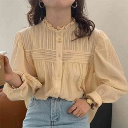 Style Blouse Female Stand-up Collar Wooden Ear Stitching Single-breasted Blusa Pleated Loose Lantern Sleeve Shirt C325 210507