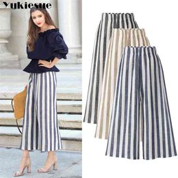 summer cotton linen striped women's pants capris high waist wide leg pants for women trousers woman pants female Plus size 5xl 210519