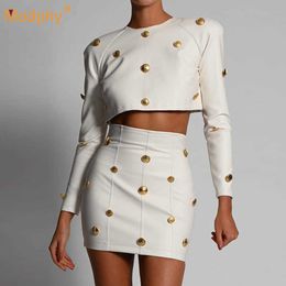 Fashion Buttons PU Leather Women 2-piece set Long Sleeve Top & High Waist Skirt Suit Club Party Female Streetwear 210527