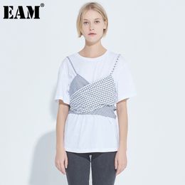 [EAM] Women White Casual Bandage Bow Plaid Striped T-shirt Round Neck Short Sleeve Fashion Spring Summer 1DD7922 210512