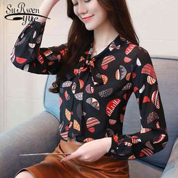 Blusas Autumn Long Sleeve Printing Chiffon Blouse Women Shirt OL Vintage Plus Size Cardigan Tops 7046 50 210427