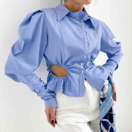 Puff Sleeve Elegant Shirt Sexy Single Breasted Vintage Blouse Turn-down Collar Hollow Out Office Ladies Shirt Female Casual Tops 210521