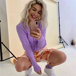 knitted cropped cardigans women autumn winter purple short cardigan streetwear vintage buttno casual long sleeve tops 210427