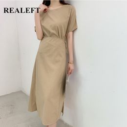 Cotton Linen Women Summer A-Line Dress O-Neck Vintage High Waist Loose Long Female Korean Style 210428