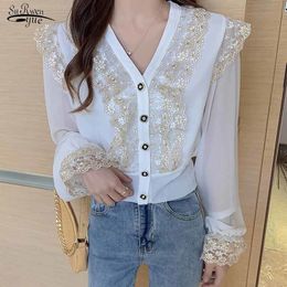 Lace Stitching Korean Style Chic Button Shirt Long Sleeve Chiffon Blouse Women Early Autumn V-Neck Sweet Ladies Top Blusas 11300 210508