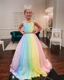 Rainbow Chiffon Little Girl Pageant Dresses 2021 Straps-Neck Girls Prom Gowns Zipper V Back Sleeveless A-Line Long Kids Formal Party Birthday Princess Wear