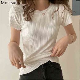 High Stretch Summer Knitted Sweater Tops Women Short Sleeve O-neck Slim Fashion Pullover Casual Solid Ladies Jumpers Femme 210513