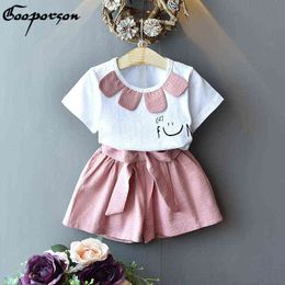 Gooporson Summer Kids Clothes Cute Flower Collar Top&bow Shorts Cute Little Girls Clothing Set Fashion Children Outfits G220310