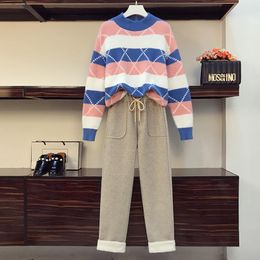 Women's Two Piece Pants Plus Size Winter Women Tracksuit Stripe Knit Sweater Tops And Woollen Matching Outfit Large Set Female Warm Suit