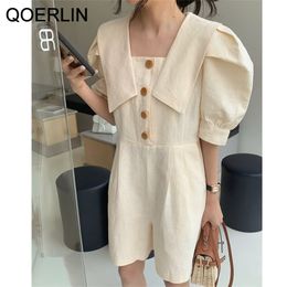 Chic Large Lapel Puff Sleeve Casual Jumpsuit Fashion Linen Short Shorts Romper Girls Stylish Solid Black Overalls 210601