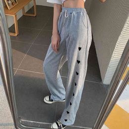 Sweat Grey pants female summer Korean love embroidery loose straight wide-leg pants casual mopping pants Full Length 210514