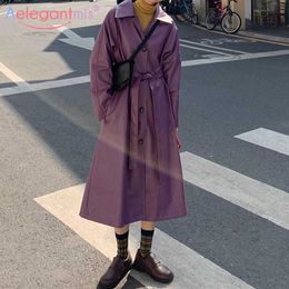 Aelegantmis Fashion Long Faux Leather Jackets Women with Belt Korean Purple Loose Pu Jacket Sleeve Windbreaker Coats 210607